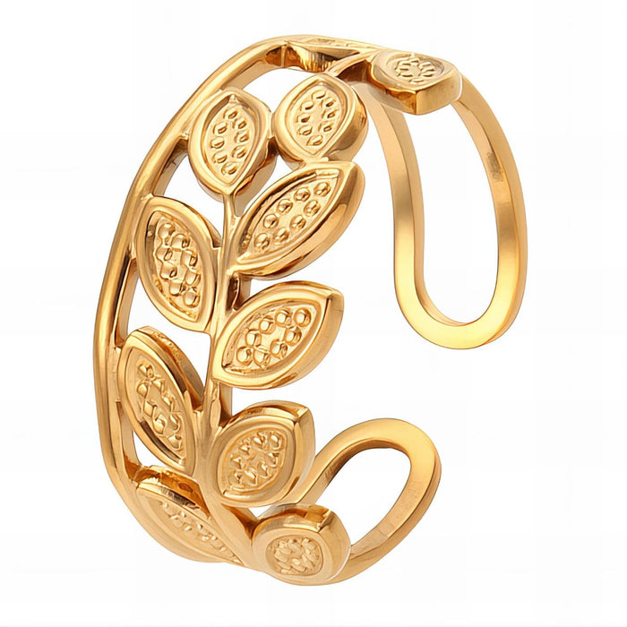 Laureata 18K Gold Plated Olive Leaf Branch Adjustable Ring on White Background | Sun-Kissed Collection | Amalfi Lane Australia