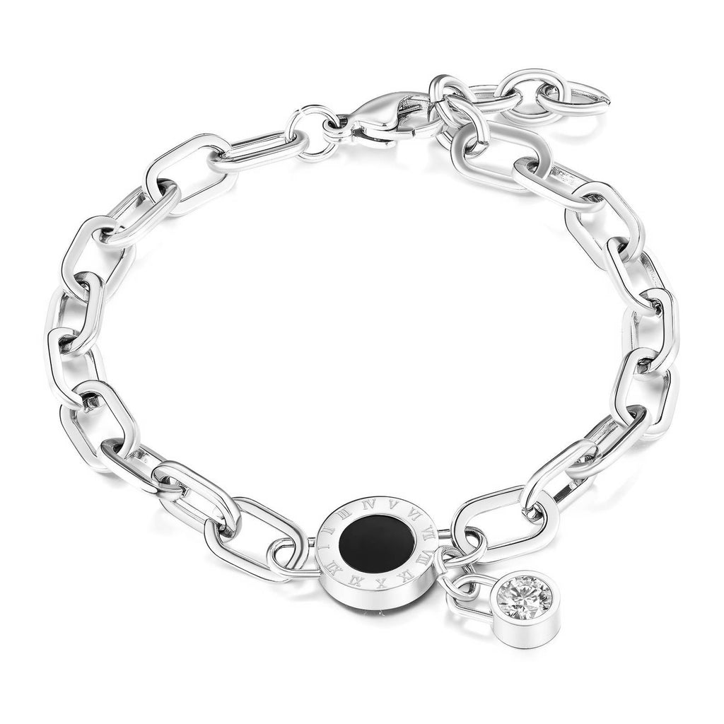 Daniella 316L Stainless Steel Paperclip Chain Bracelet with Roman Numeral Charm worn on wrist — Waterproof, Hypoallergenic & Tarnish Free | Forever Amalfi Steel Range | Amalfi Lane