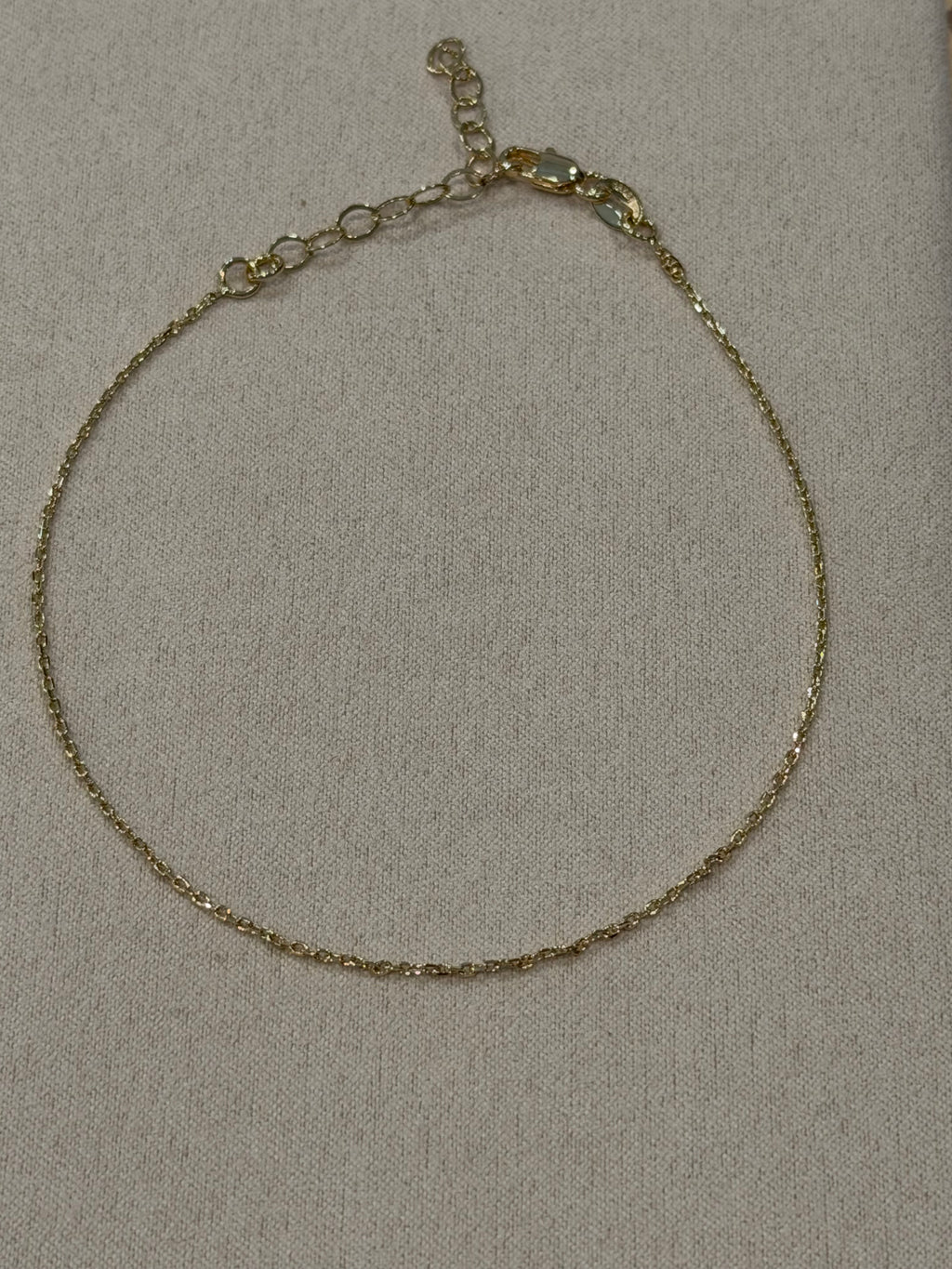 Mia 18K Gold-Filled Dainty Anklet - 9 Inch Fine Link Chain with Parrot Clasp and 2 Inch Extender on Natural Linen | Forever Amalfi Gold-Filled Range