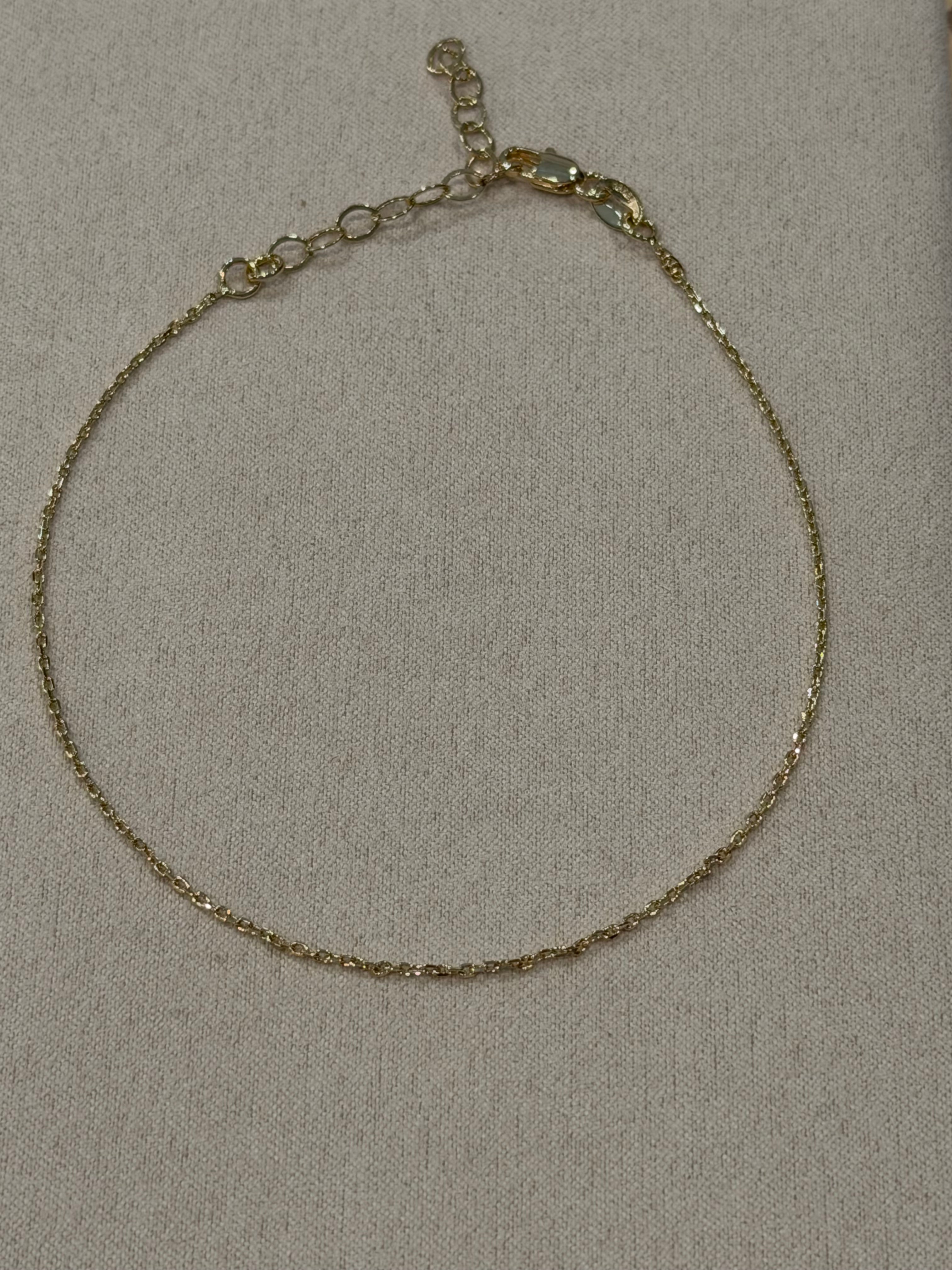 Mia 18K Gold-Filled Dainty Anklet - 9 Inch Fine Link Chain with Parrot Clasp and 2 Inch Extender on Natural Linen | Forever Amalfi Gold-Filled Range