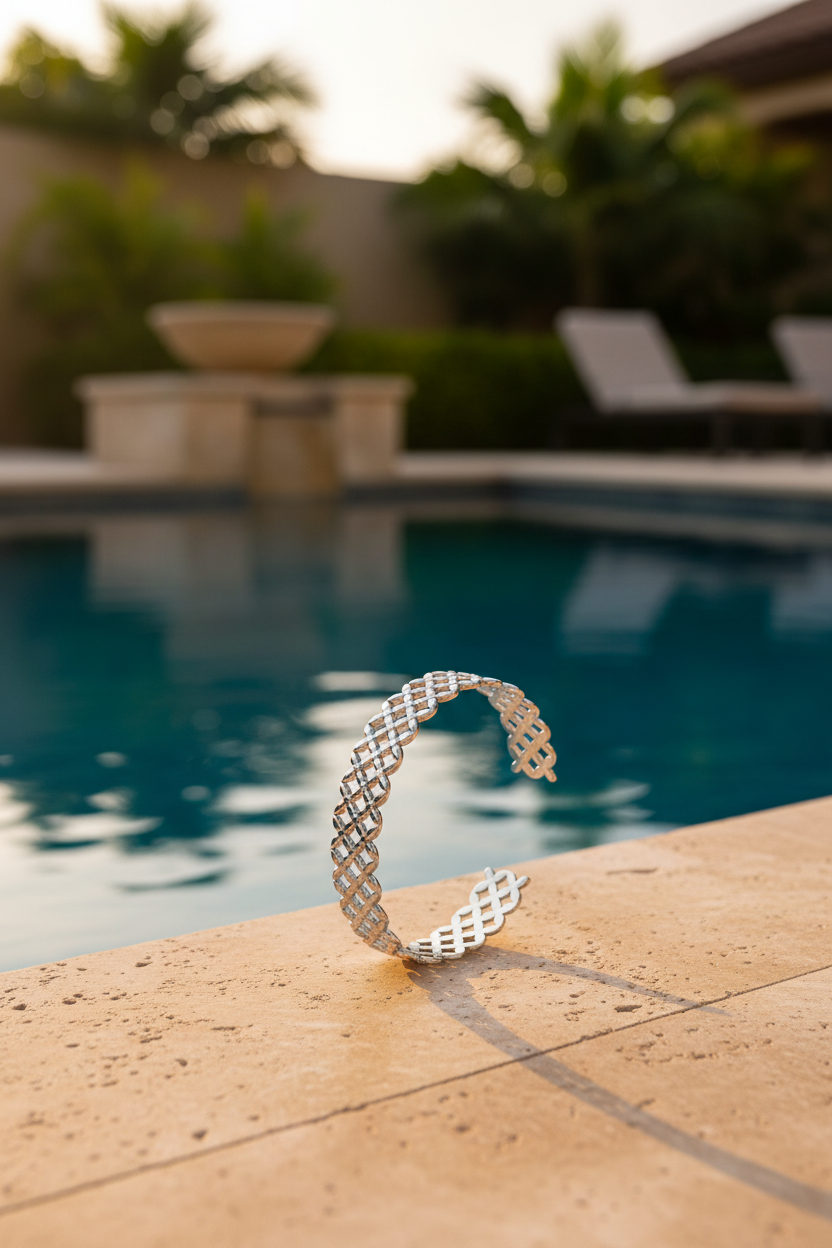 Aurelia Stainless Steel Mesh Cuff Bangle - Bangle Balanced Upright on Poolside | Amalfi Lane