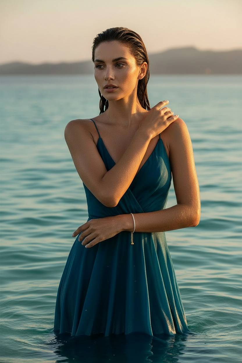 Bethany 18K Gold Plated Tennis Bracelet - Model in the Water Wearing a Dress with Bracelet on Left Wrist | Amalfi Lane