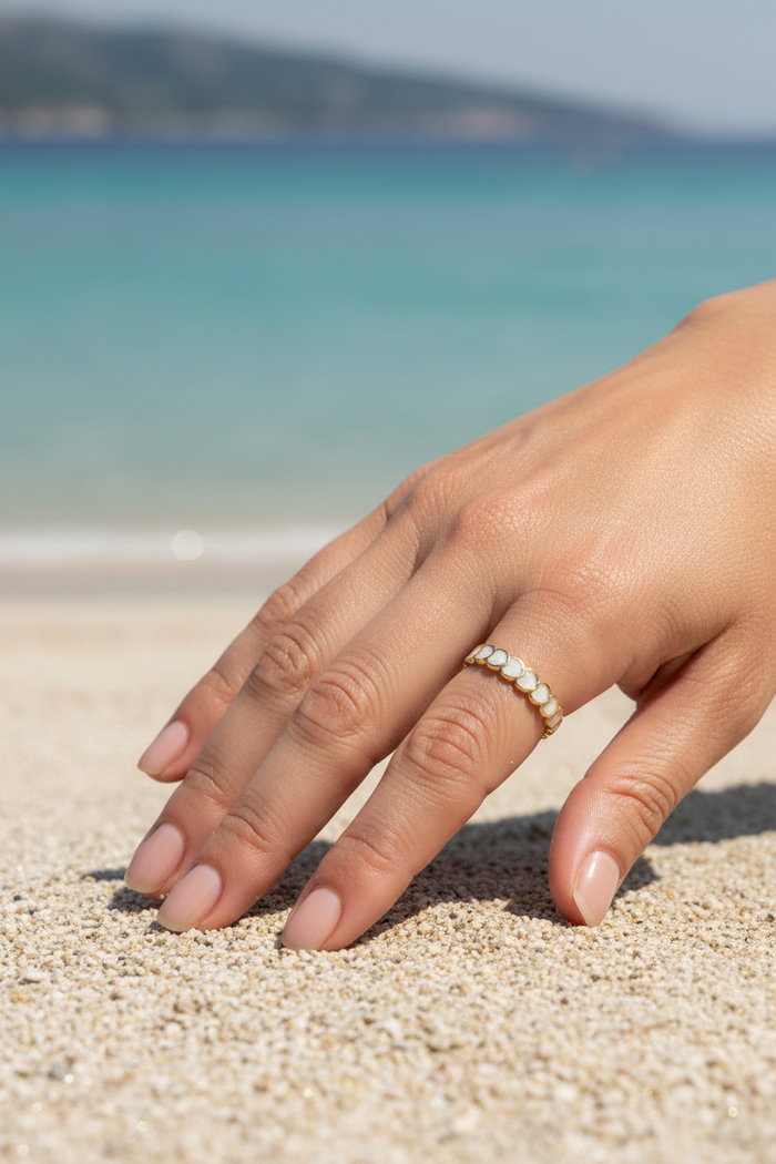 Cara 18K Gold Plated Heart Band Adjustable Ring with White Enamel