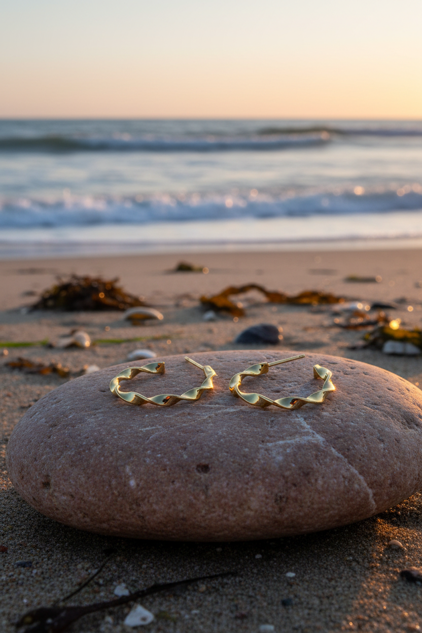 Catena 18K Gold Plated Twist Design Hoop Earrings - Earrings on a Rock at the Beach | Amalfi Lane