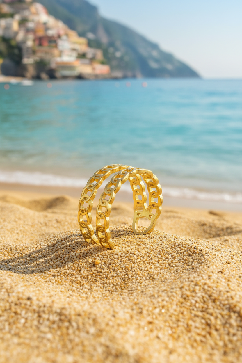 Catia 18K Gold Plated Double Chain Link Adjustable Ring in Warm Sand with Turquoise Mediterranean Sea Amalfi Coast | Sun-Kissed Collection | Amalfi Lane Australia