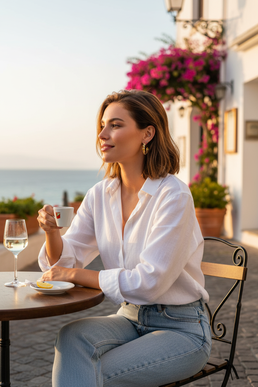 Claudia 18K Gold Plated Chain Type Design Hoop Earrings - Model Wearing Earrings at a Coffee Table Holding a Cup of Coffee Side View | Amalfi Lane