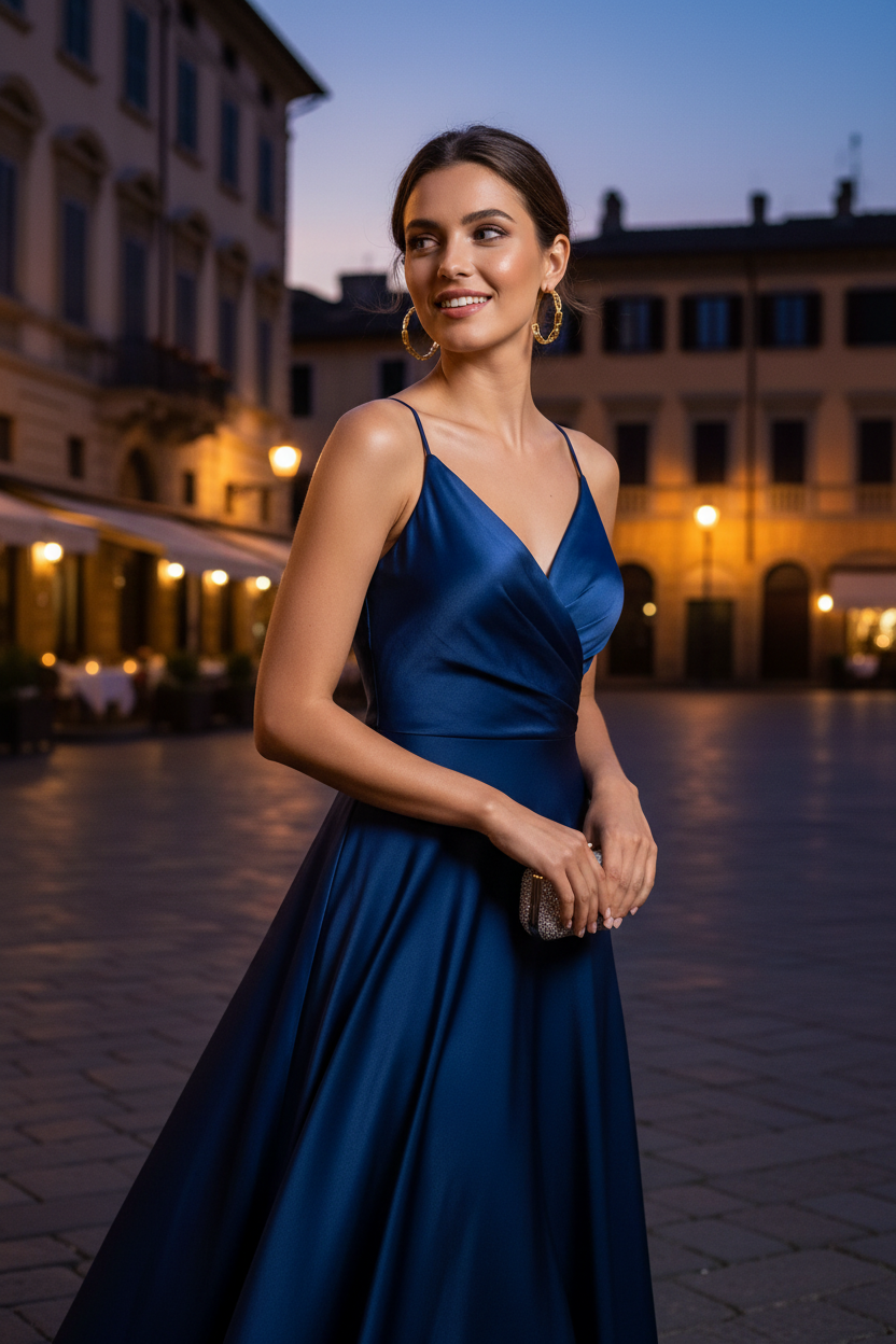 Claudia 18K Gold Plated Chain Type Design Hoop Earrings - Model Wearing Earrings in a Formal Gown Front View | Amalfi Lane
