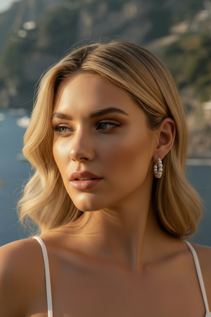 Colleena Pearl Earrings No Necklace Close Up