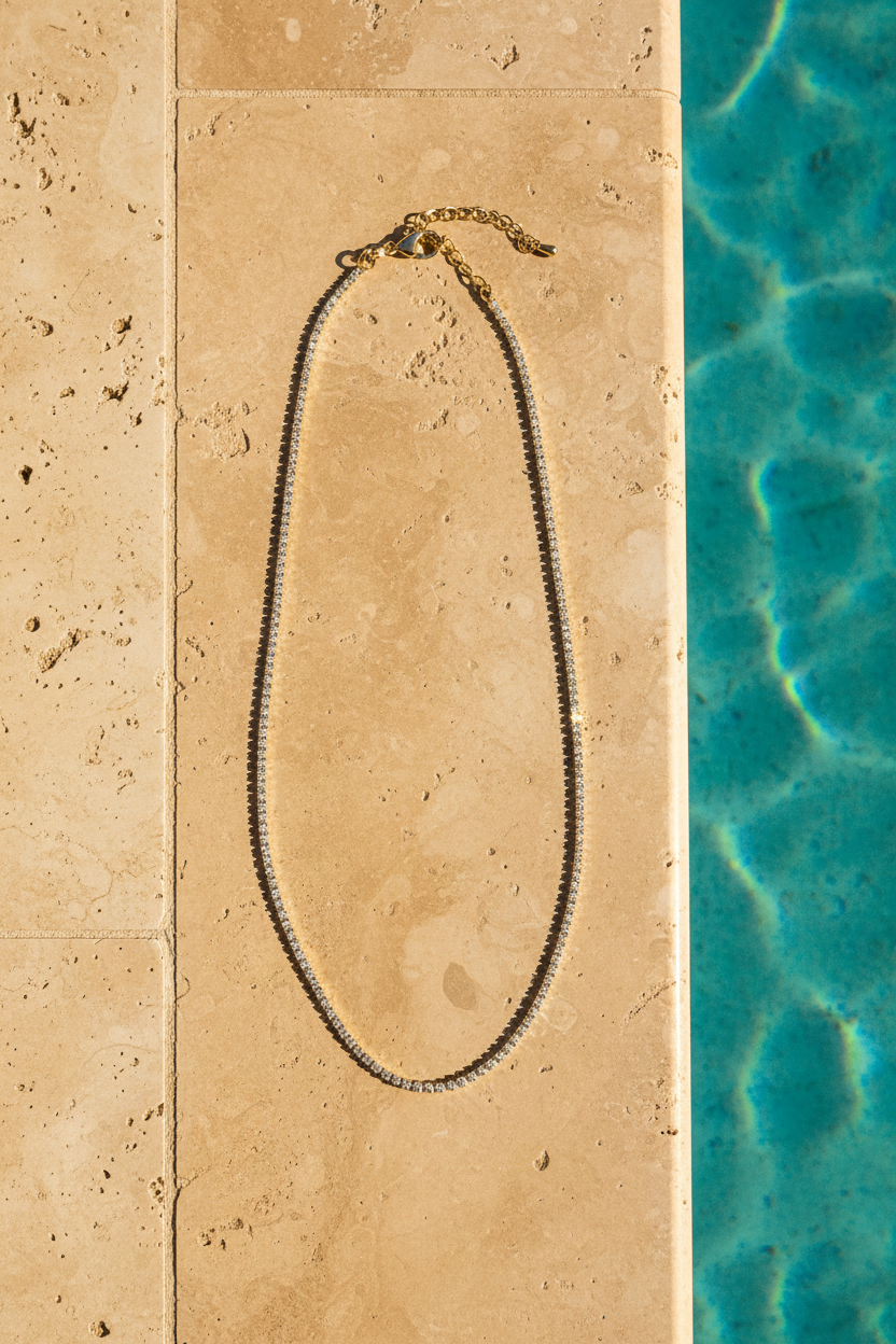 Stella 18K Gold-Filled Marquise Tennis Necklace - Necklace Displayed by the Poolside | Forever Amalfi Gold-Filled Range
