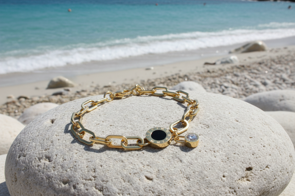 Daniella 18K Gold Plated Roman Numeral Bracelet - Bracelet on a Stone at the Beach | Amalfi Lane