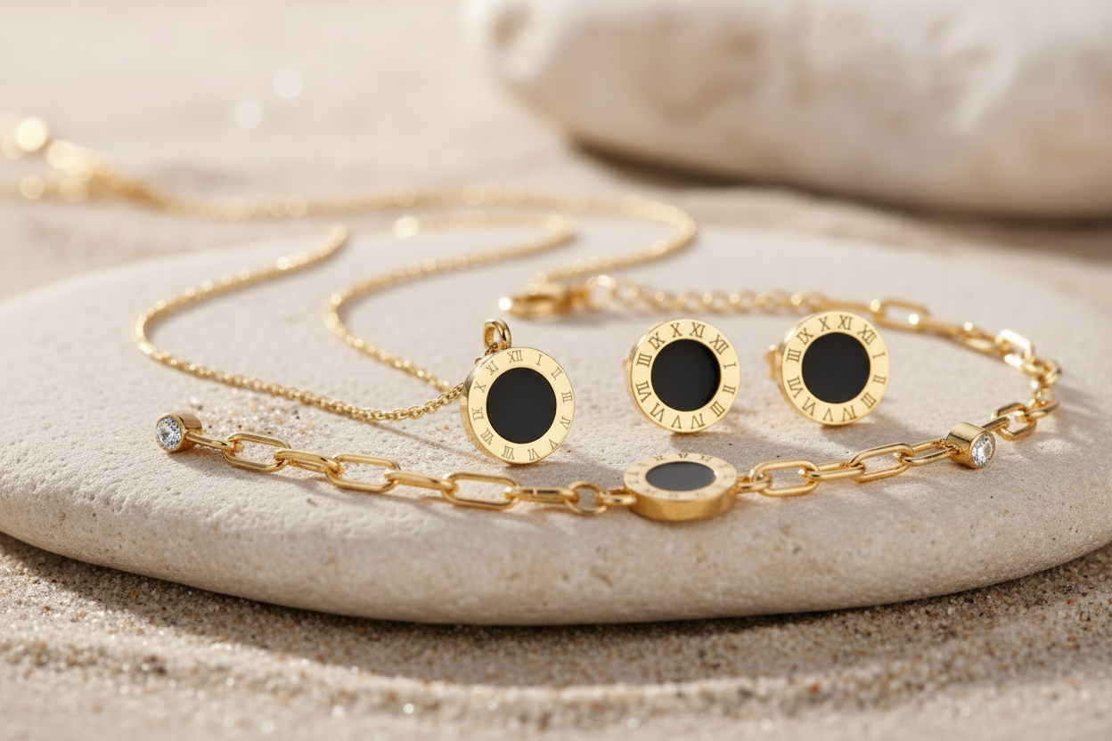 Daniella 18K Gold Plated Roman Numeral Bracelet - Daniella Earrings, Pendant and Bracelet Set on Stone Prop | Amalfi Lane