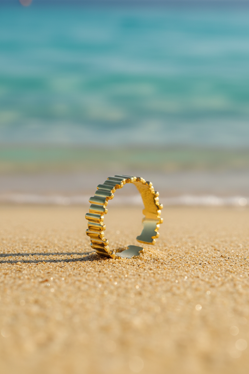 Elettra 18K Gold Plated Ribbed Band Adjustable Ring in Warm Sand with Turquoise Mediterranean Sea | Sun-Kissed Collection | Amalfi Lane Australia