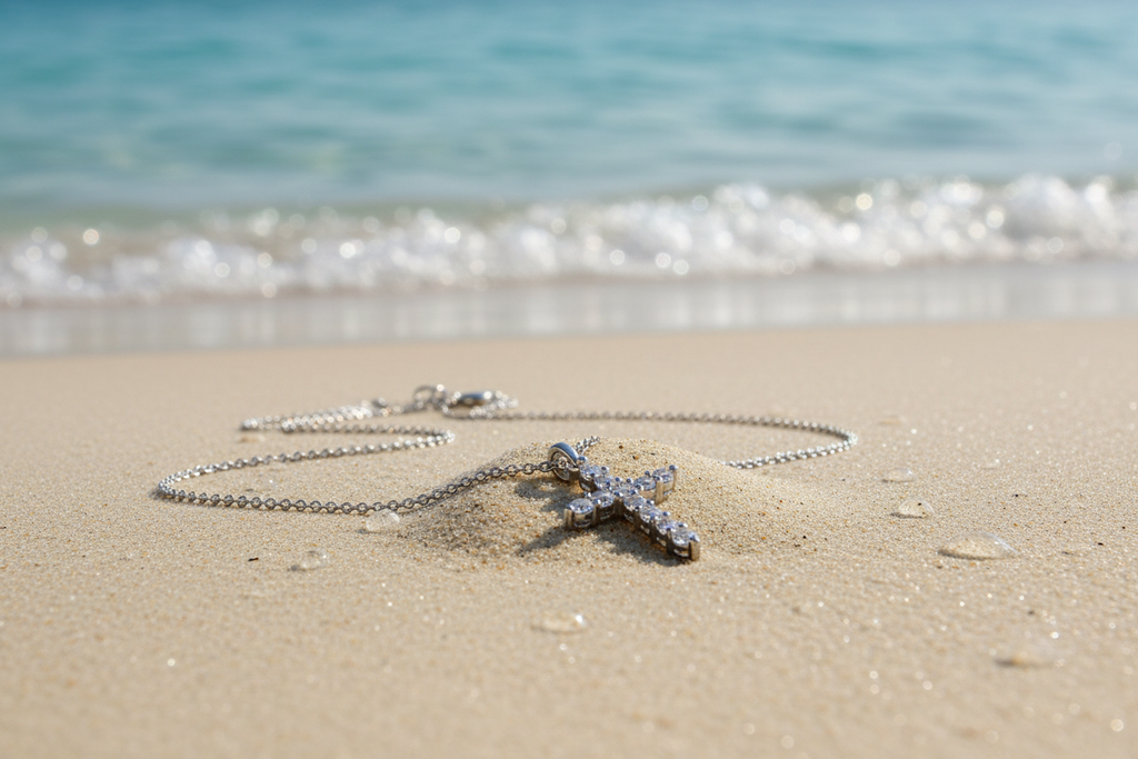 Faith Stainless Steel CZ Claw Set Cross Pendant Necklace - Front view on sand| Amalfi Lane