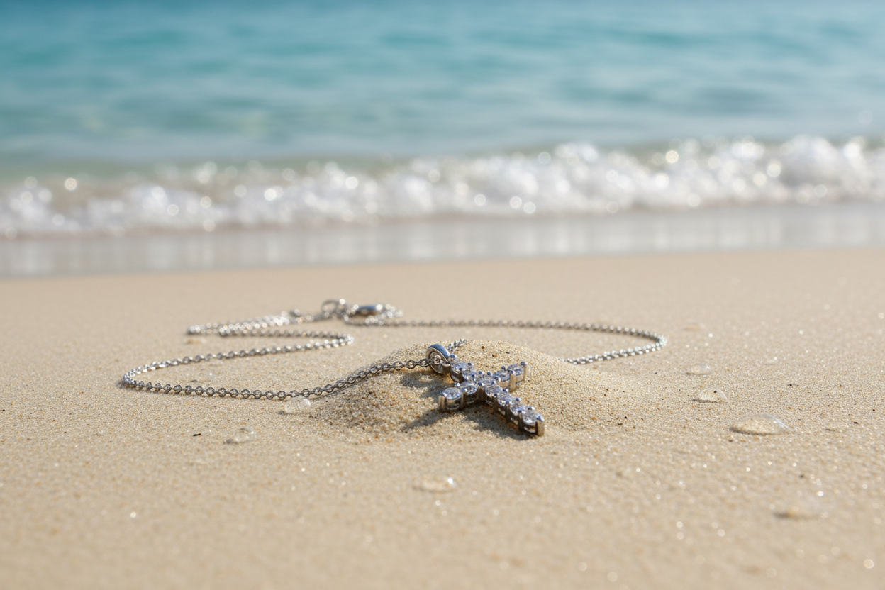 Faith Stainless Steel CZ Claw Set Cross Pendant Necklace - Front view on sand| Amalfi Lane