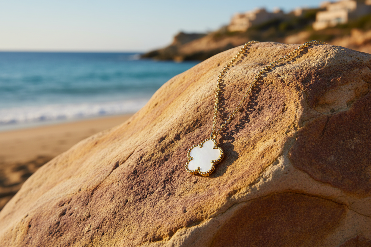 Fiorella 18K Gold Plated White Flower Pendant Necklace - Necklace on a Rock at the Beach | Amalfi Lane