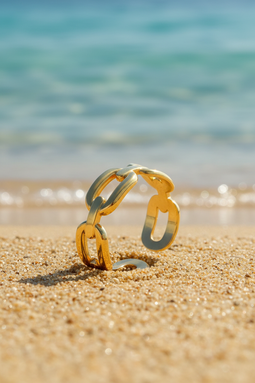 Ginetta 18K Gold Plated Chain Link Adjustable Ring in Warm Sand with Turquoise Mediterranean Sea | Sun-Kissed Collection | Amalfi Lane Australia