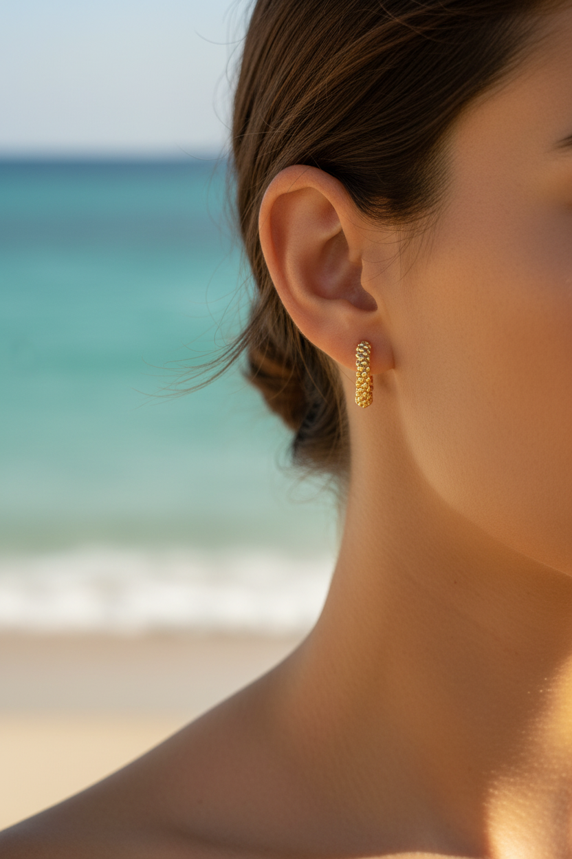 Gold Cluster Bead Semi Hoop Earrings Close Up Detail