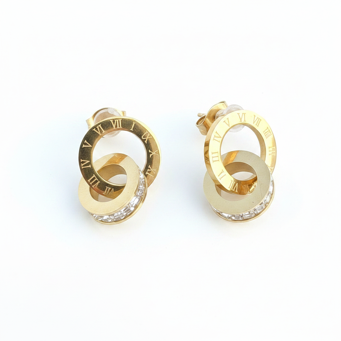 Prima Donna 18K gold plated double interlocking circle CZ drop earrings on white background — Sun-Kissed Collection | Amalfi Lane Australia