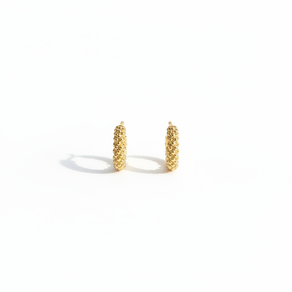 Gioia 18K gold-filled cluster bead huggie earrings on white background — Amalfi Lane Australia