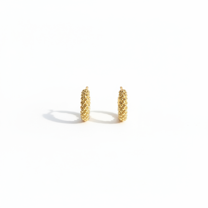 Gioia 18K gold-filled cluster bead huggie earrings on white background — Amalfi Lane Australia