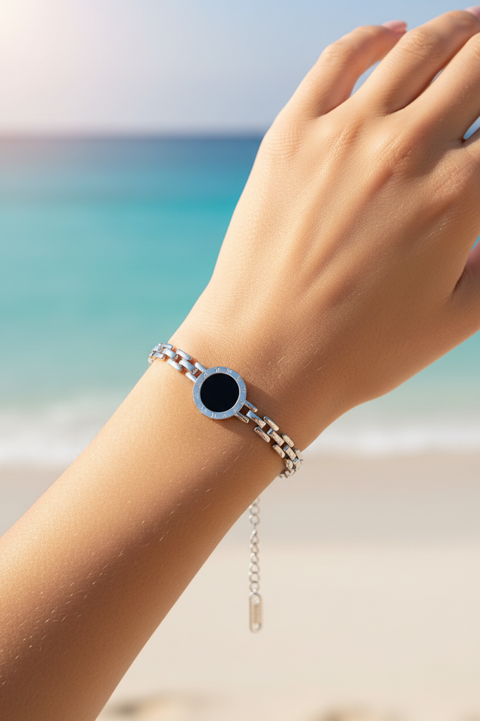 Eliana Stainless Steel Watch-Link Chain Bracelet with Black Roman Numeral Disc