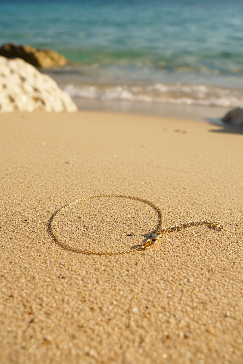 Mia 18K Gold-Filled Dainty Anklet laid in circular loop on warm Mediterranean beach sand - Waterproof, Hypoallergenic & Tarnish Free | Forever Amalfi Gold-Filled Range