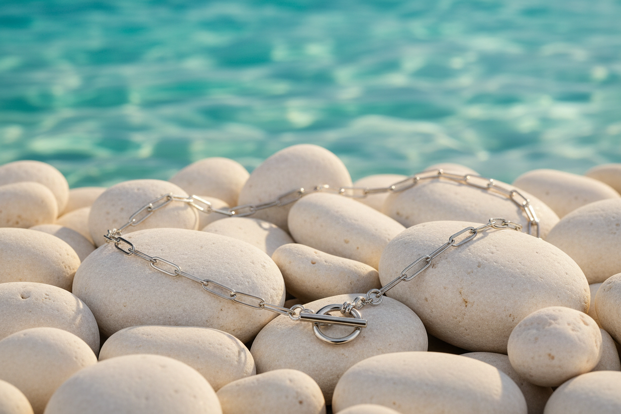 Josie Stainless Steel Paperclip Link Fob Chain Necklace Close Up on Natural Pebbles | Forever Amalfi Steel Range | Amalfi Lane Australia