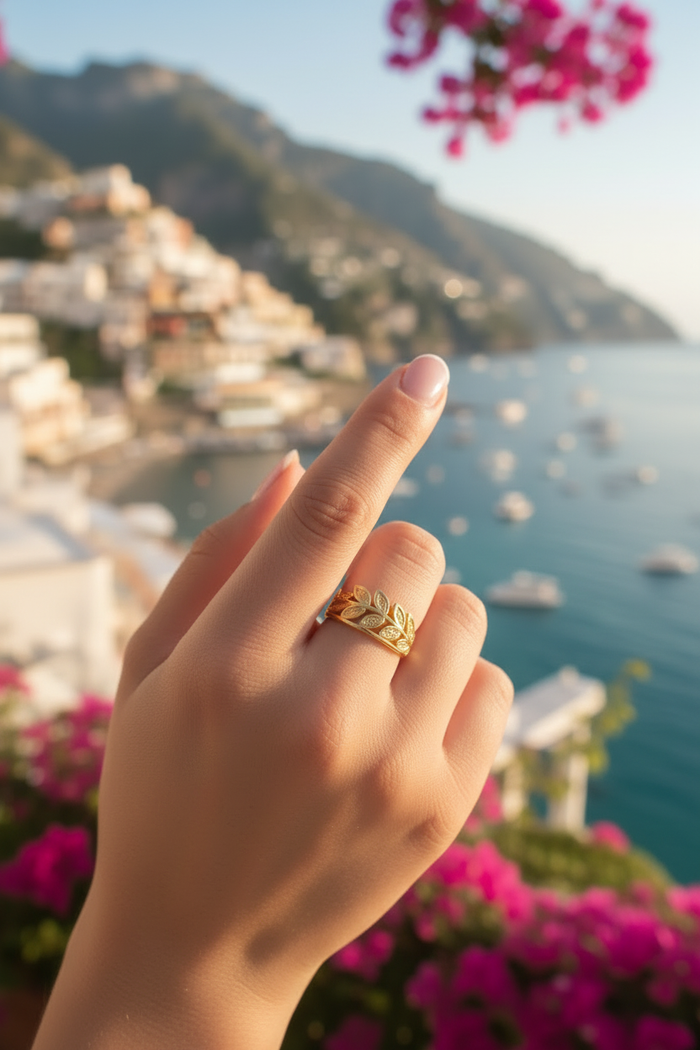 Laureata 18K Gold Plated Olive Leaf Branch Adjustable Ring