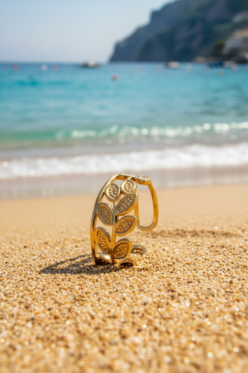 Laureata 18K Gold Plated Olive Leaf Branch Adjustable Ring in Warm Sand with Turquoise Mediterranean Sea Amalfi Coast | Sun-Kissed Collection | Amalfi Lane Australia