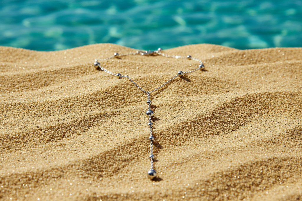 Luna Stainless Steel Dainty Ball Y Necklace - close up sand image | Amalfi Lane