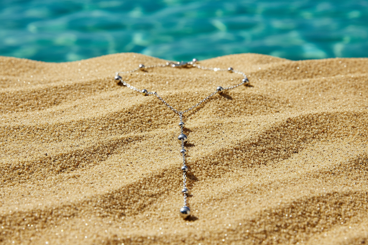 Luna Stainless Steel Dainty Ball Y Necklace - close up sand image | Amalfi Lane