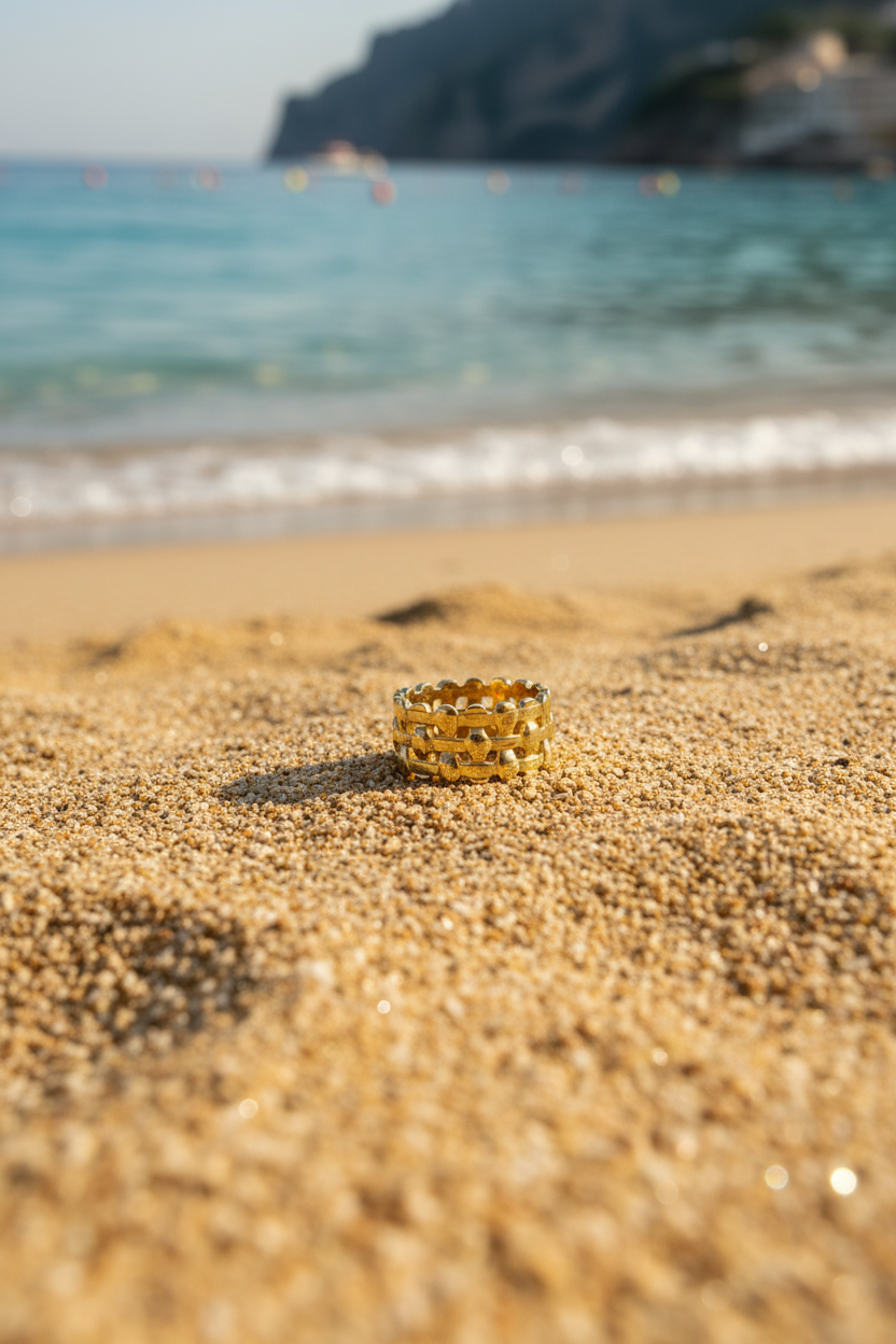 Massima 18K Gold Plated Wide Woven Mesh Adjustable Ring in Warm Sand with Turquoise Mediterranean Sea Amalfi Coast | Sun-Kissed Collection | Amalfi Lane Australia