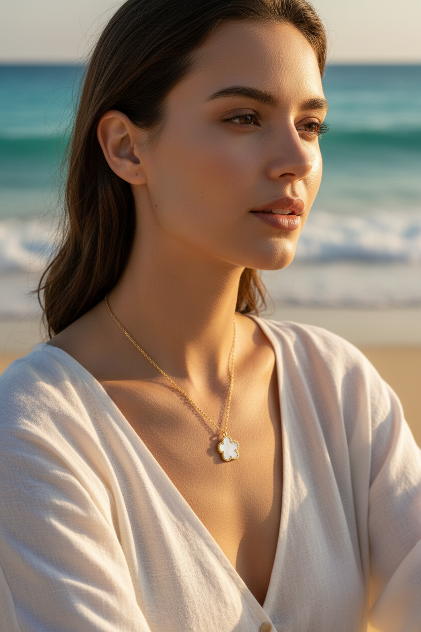 Fiorella 18K Gold Plated White Flower Pendant Necklace - Model at a Slight Angle Wearing White Top and Necklace | Amalfi Lane