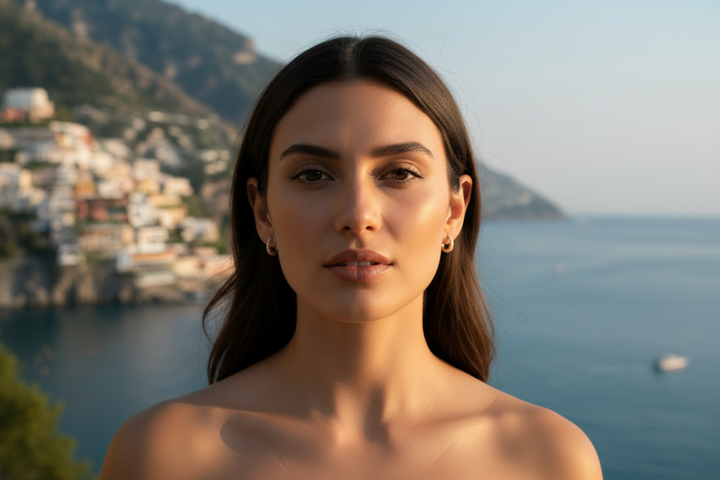 Nadia gold hoop earrings on model front-on Amalfi Coast