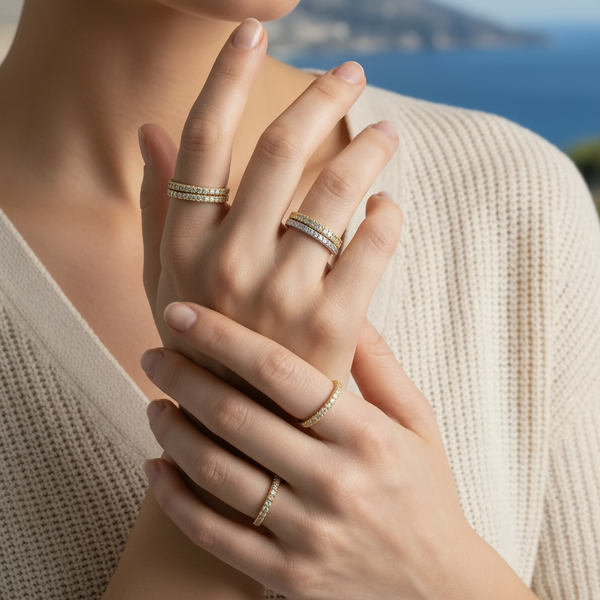 Neve CZ rings stacked model lifestyle shot