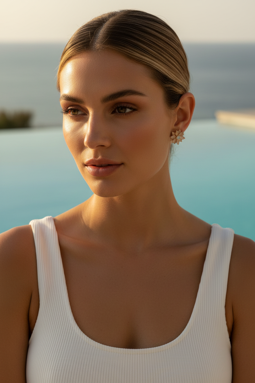Nude Pink Flower Earrings Model Lifestyle Shot