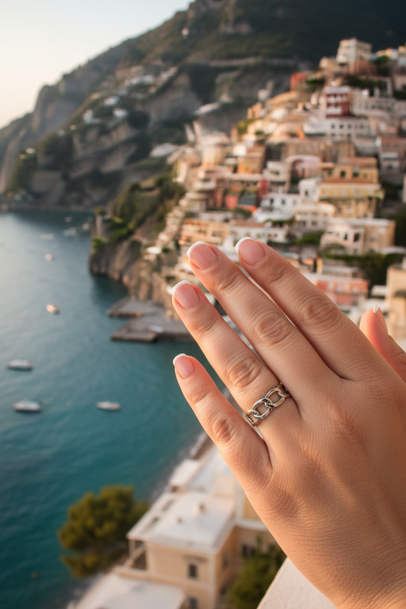 Olivia 316L Stainless Steel Adjustable Ring with Connecting Chain Design worn on hand with Amalfi Coast background — Waterproof, Hypoallergenic, Tarnish Free | Amalfi Lane