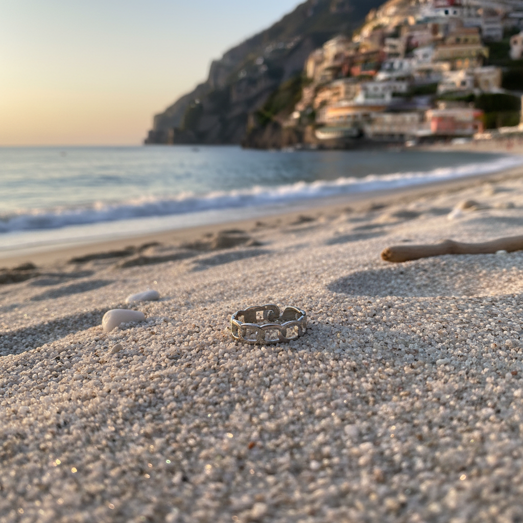 Olivia 316L Stainless Steel Adjustable Ring with Connecting Chain Design resting on white sand — Waterproof, Hypoallergenic, Tarnish Free | Amalfi Lane