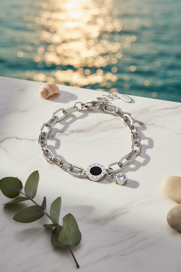 Daniella 316L Stainless Steel Paperclip Chain Bracelet with Roman Numeral Charm