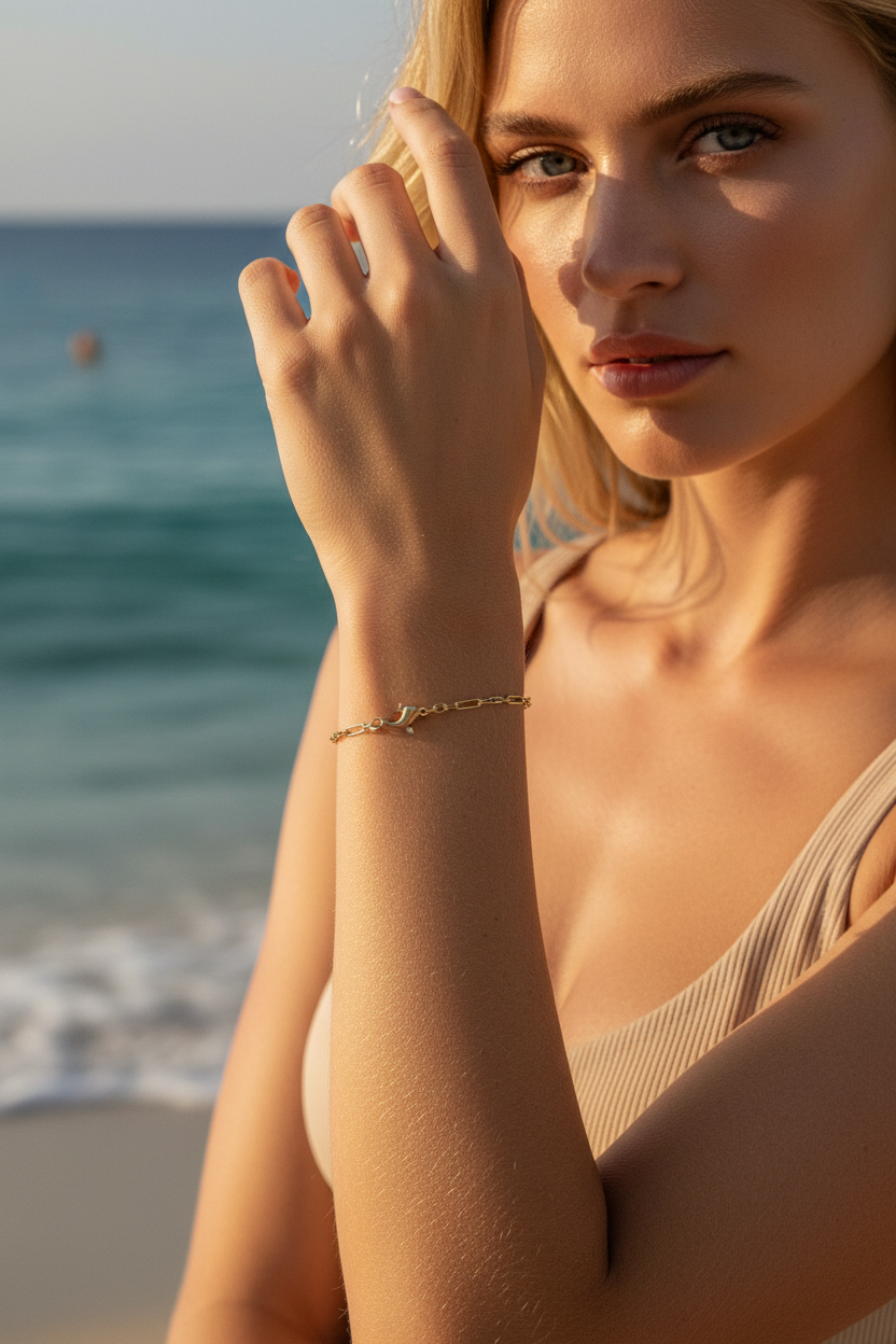 Serena 18K Gold-Filled Paperclip Bracelet on Blonde Model at Mediterranean Beach — Amalfi Lane Australia