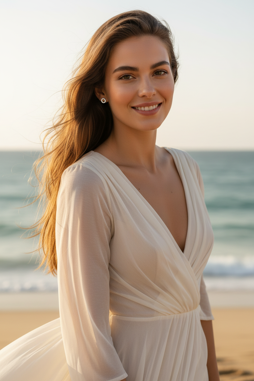 Sofia 18K Gold Plated Cubic Zirconia Stud Earrings - Model in White Dress at the Beach Showcasing Earring on Right Ear | Amalfi Lane