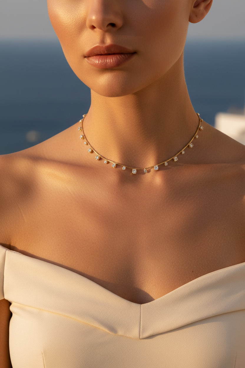 Valentina 18K Gold-Filled CZ Choker Necklace - Model at the Beach Wearing Necklace Front On | Amalfi Lane