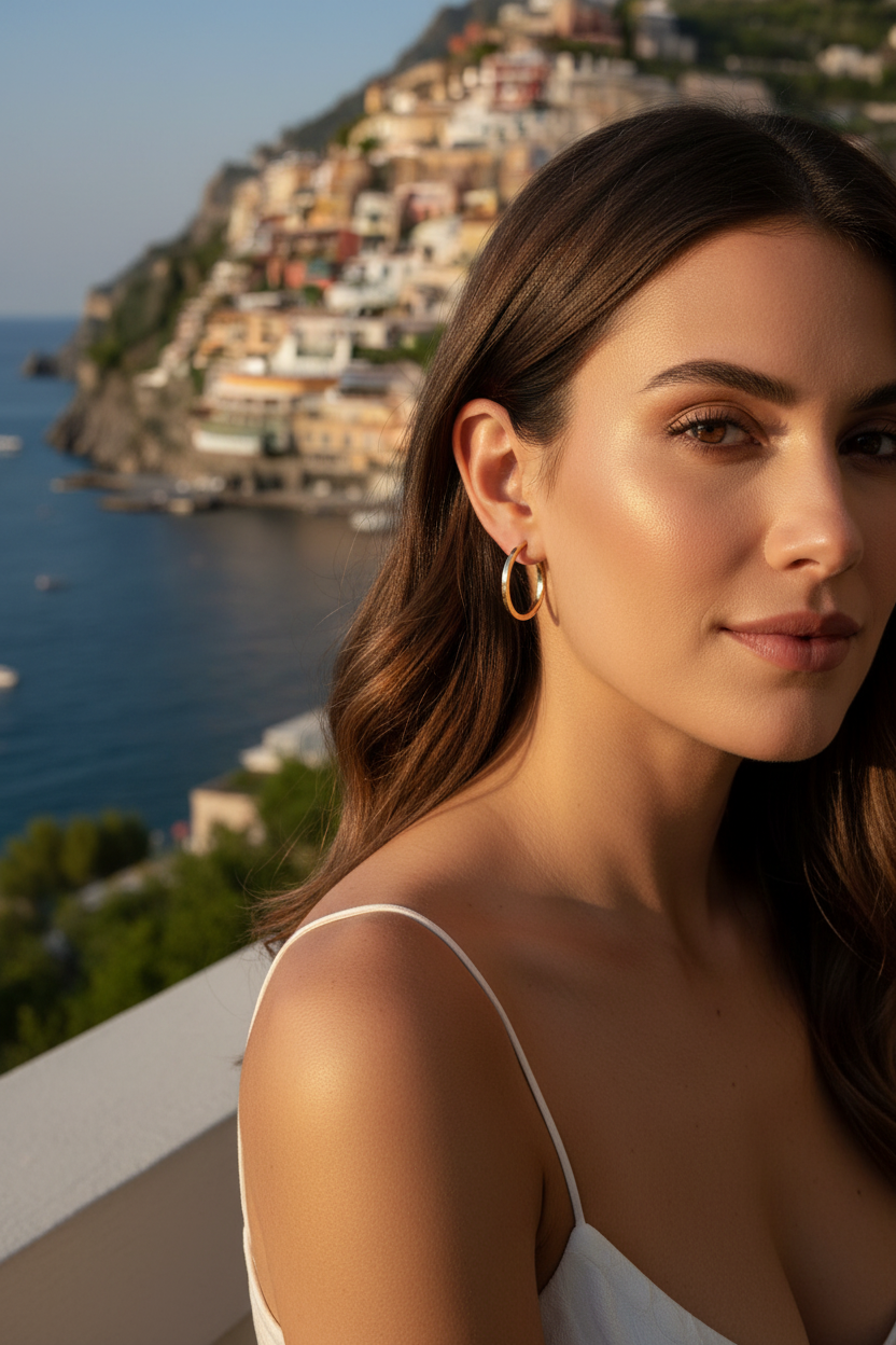 Vera Gold C Hoop Earrings Brunette Model Amalfi from Product Photo