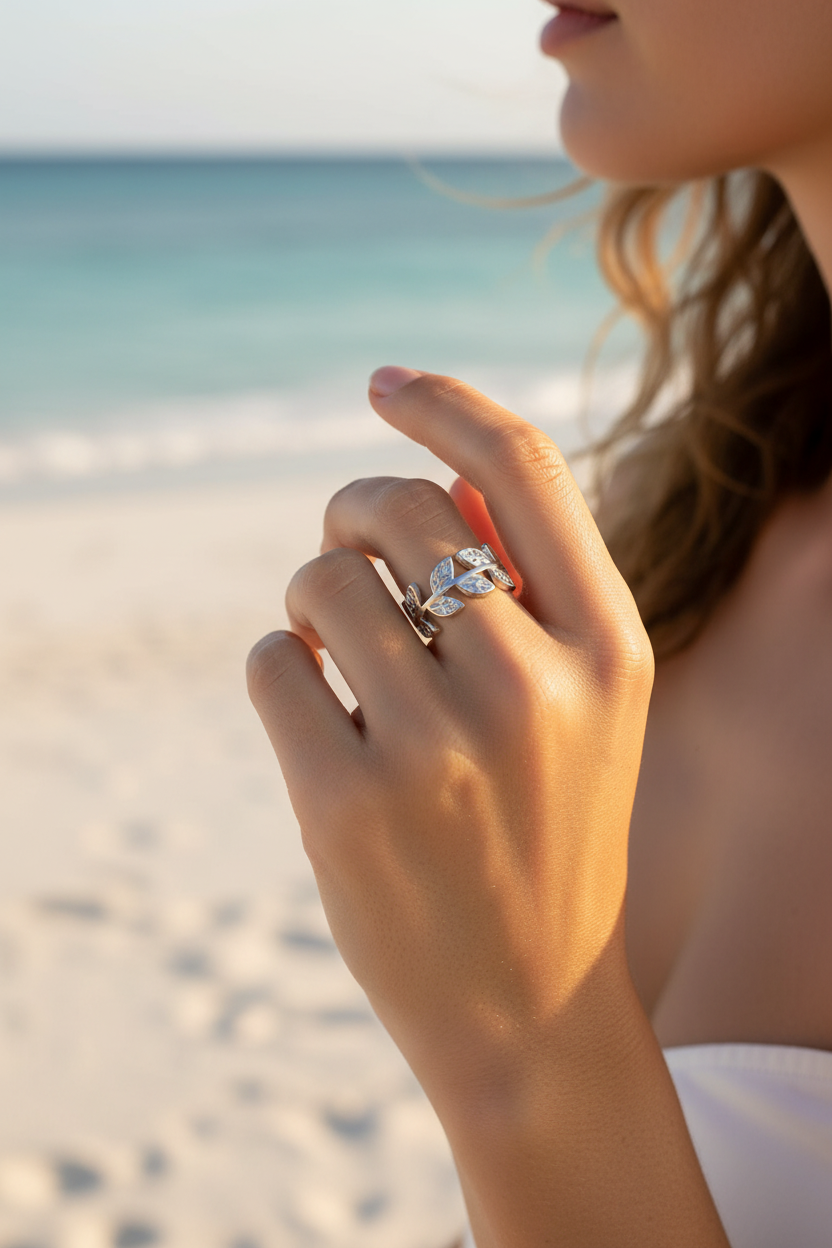 Zoe 316L Stainless Steel Adjustable Ring Leaf Design - Detail View | Amalfi Lane